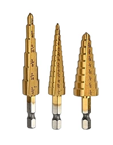 Mengshen Broca Escalonada HSS 3 Piezas 3/16-1/2"1/4-3/4" 1/8-1/2" Pulgadas Perforadora de Taladrado Mango Hexagonal Múltiples Orificios Broca Conica Metal Step Drill bit Set