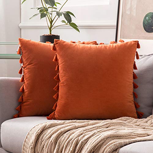 MIULEE Pack de 2 Terciopelo Funda de Borla Cojine Fundas Almohada del Sofá Throw Cojín Decoración Caso de la Cubierta Decorativo Almohadas para Sala de Estar 18x18inch 45x45cm Naranja