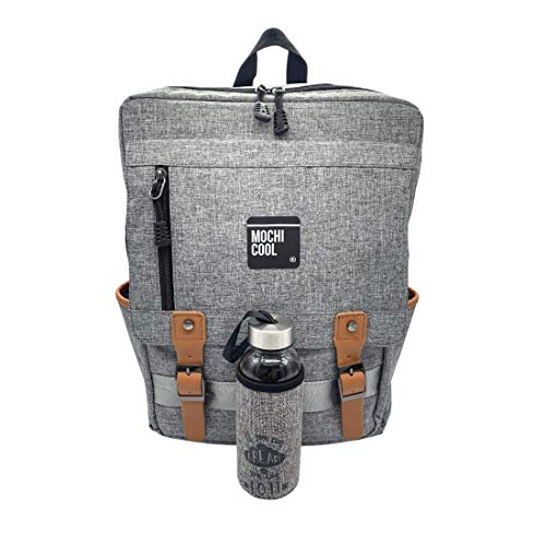 MOCHI COOL Mochila mujer hombre para portatil y trabajo con puerto usb escolares y tactica con estilo vintage casual y unisex impermeable ✚ Botella de agua cristal (GRIS)