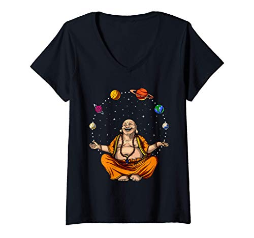 Mujer Buda Hacer Malabares Planetas Yoga Meditación Espiritual Camiseta Cuello V