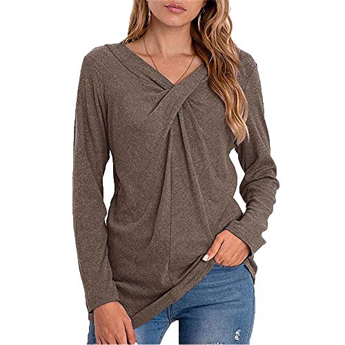 Mujeres Casual Cuello en V Nudo Cruzado pulóver Color sólido Suelta cómoda Camisa Blusa de Manga Larga (Caqui, S)