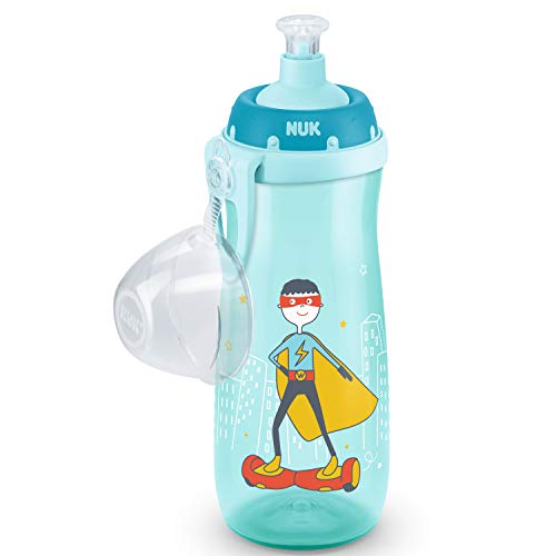 Nuk Sports Cup - Botella para aprender a beber a prueba de fugas, boquilla de silicona push-pull, tapa protectora y clip, 450 ml, color turquesa y azul