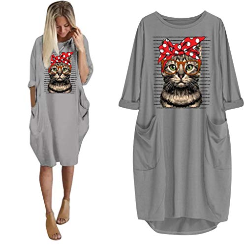 OPAKY Camiseta Mujer Verano Moda Oreja de Gato Impresión Manga Larga Tallas Grandes Camiseta con Capucha Blusa Camisa Basica Camiseta Suelto Estampado Tops Casual Fiesta T-Shirt Mini Vestido Corto