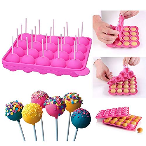 Outtybrave - Molde de Silicona para Cake Pop, 20 moldes Redondos, Molde de Silicona para Dulces, gelatina y Chocolate, Antiadherente, Color Rosa