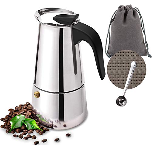 Owoda Cafetera Italiana Inducción (Bobina Mínima de 74 mm), 4 Tazas 200ml Cafetera Moka de Acero INOX, Cafetera Espressos con Posavasos, Cucharas, Uso Doméstico y en la Oficina, Plata