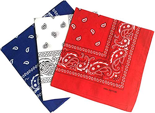 Pack 3 Pañuelos Bandanas Paisley de Algodón 55x55cm para Cuello o Cabeza Múltiuso Unisex (azul+blanco+naranja, Talla única)