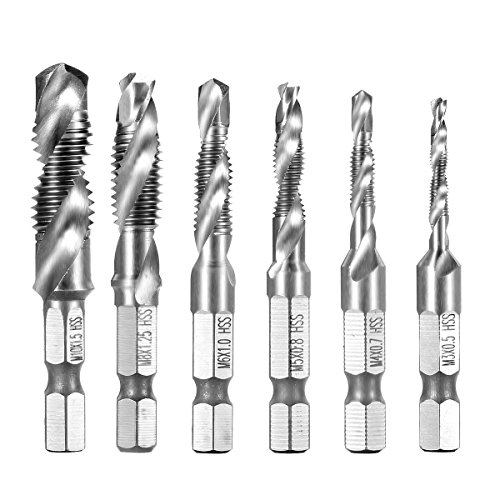 Qibaok 6 piezas brocas para rosca HSS macho de roscar grifo para taladro set de hexagonales drills de vástago Perforación,1/4 Vástago HSS Tornillo Manual, Métrico, Tornillos de Taladro