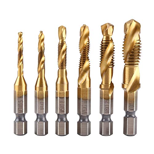 QUANHAO 6 piezas brocas para rosca HSS macho de roscar grifo para taladro set de hexagonales drills de vástago Perforación,1/4 Vástago HSS Tornillo Manual, Métrico, Tornillos de Taladro (Dorado)