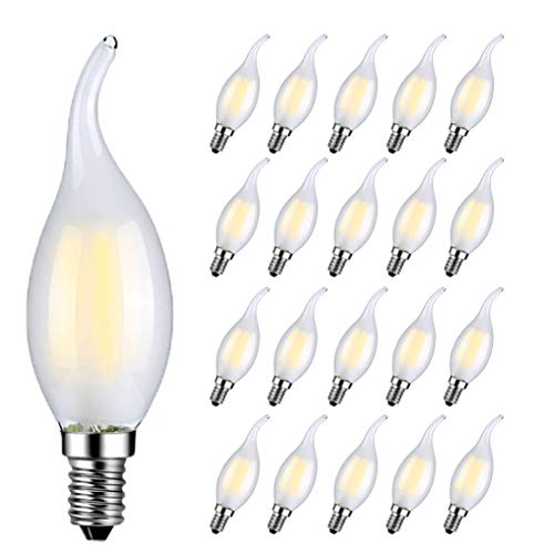 RANBOO Bombillas Vela de Filamento LED E14 4W equivalente a 40W Blanco Frío 6500K 400 LM Bombilla Retro Vintage Forma de llama C35 LED Vela Bombilla No Regulable Vidrio Esmerilado - 20 Pack