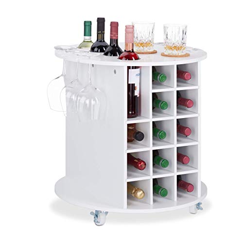 Relaxdays botellero Vino Giratorio para 17 Botellas y 6 Copas, DM-plástico, Blanco, 56x54cm