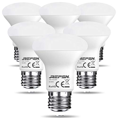 REPSN® Pack de 6 bombillas LED reflectoras R63, 10 W, E27, luz blanca fría, 6000 K, repuesto para bombillas halógenas de 75 W, 800 lúmenes, ángulo de haz de 120°, bombilla LED