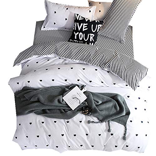 Ropa de Cama 3 Piezas King Size Chicas Lattice Stripe Heart Negro Blanco Azul Gris Impresión a Color Funda nórdica 220 x 240 cm - Cama 135 cm/150 cm