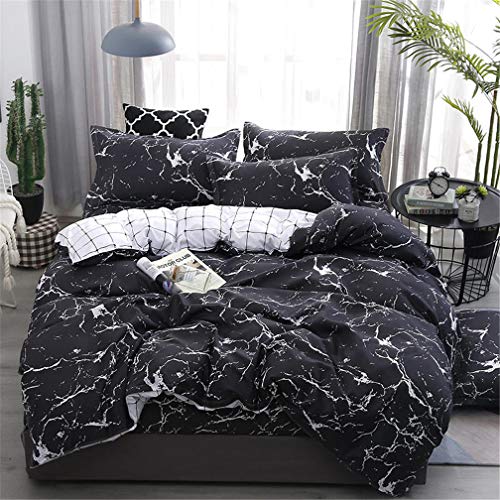 Ropa de Cama 4 Piezas (1 Pieza de sábanas y 1 Funda nórdica y 2 Fundas de Almohada) Mármol Negro Blanco Geometría Enrejado Mármol Moderno Estilo nórdico (Negro, 200x230 cm - Cama 135 (4 Piezas))