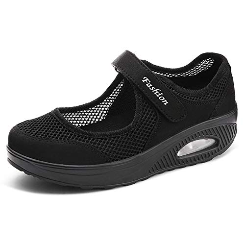 Sandalias para Mujer Malla Merceditas Plataforma Ligero Zapatillas Sneaker Mary Jane Casual Zapatos de Deporte Mocasines Negros Verano A-Negro-2 EU38