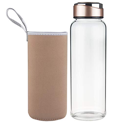 SHBRIFA Botella de Agua de Vidrio de Borosilicato 1000ml / 1500ml, Botella de Agua de Cristal con Funda de Neopreno y Tapa de Acero Inoxidable a Prueba de Fugas(1000ml Oro)