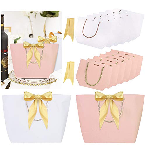 TANCUDER 12PCS Bolsas de Regalo con Decoración de Lazo Bolsas de Regalo de Papel Bolsas de Regalo con Asas Bolsas para Regalo de Cumpleaños Boda Fiesta 28 x 20 x 9cm (Blanco y Rosa)