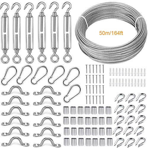 TooTaci 50M Kit de Cuerda cable de Acero Inoxidable Suspensión,Kit de Suspensión Colgante de luces de Cuerda ,para colgar luces de cadena, fotos, barandillas de Jardín