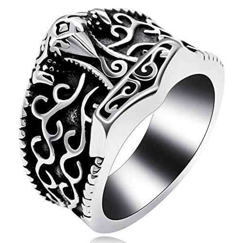 Uloveido Men Boy Vintage Ancient Symbol Wide Biker Band Ring Black Steel Gothic Cloud Hammer Ring Regalos de San Valentín Y517 (Tamaño 19)