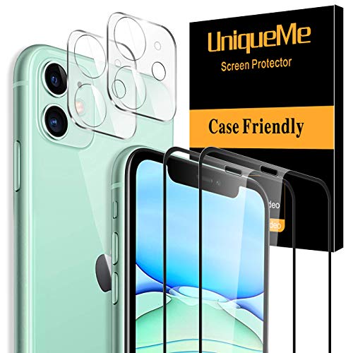UniqueMe Compatible con iPhone 11 (6.1") [2 Pack] Protector de Pantalla y [2 Pack] Protector de lente de cámara, [Cobertura máxima][Sin Burbujas] Cobertura completa Cristal Vidrio Templado