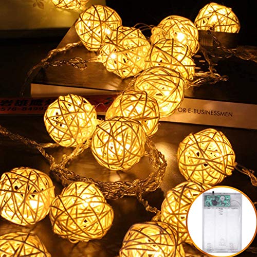 Uoging Guirnalda de luces LED con bolas de ratán, farolillos, decoración para jardín, Navidad, fiesta, boda, interior y exterior, funciona con pilas, 5 m, 40 bombillas (blanco cálido)