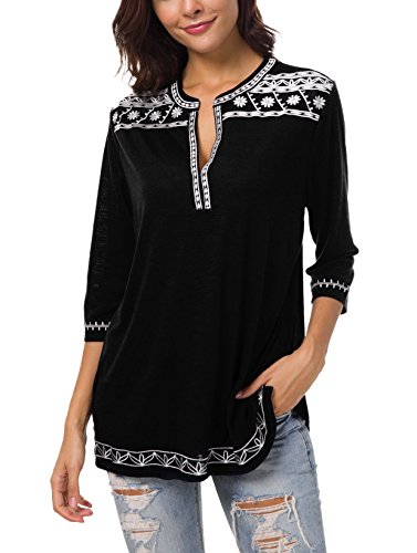 Urban GoCo Mujer Camisas Manga 3/4 Boho Blusa Bordado T-Shirt Tops (Small, Negro)