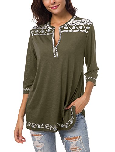 Urban GoCo Mujer Camisas Manga 3/4 Boho Blusa Bordado T-Shirt Tops (X-Large, Oliver)