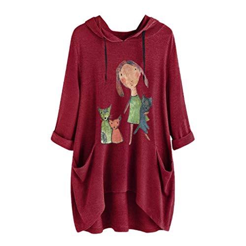 VEMOW Camiseta de Manga Corta con Capucha y Estampado de Dibujos Animados Casual para Mujer tamaño Extra Top Blusa(X Vino,5XL)