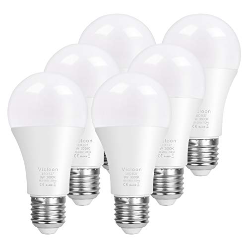 Vicloon A60 Bombilla LED E27, 9W equivalente a 100W, 1000LM 3000K Blanco Cálido E27 Lámpara LED, No Regulable, Angulo de haz de 200°, AC 165-265V - 6 Unidades [Clase de eficiencia energética A+]