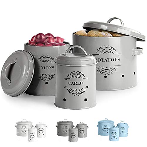 Virklyee® Tarros de Patatas Tarro de Cebolla Tarro de ajo Juego de 3 Frascos de Almacenamiento para Frutas y Verduras Tanque de Almacenamiento de Metal Botes para Alimentos (Gris)