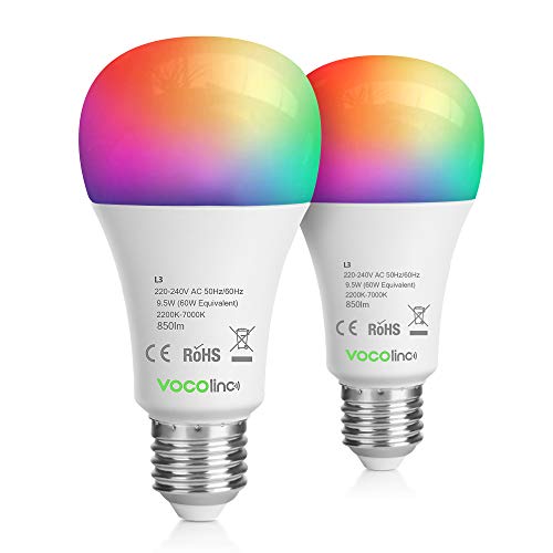 VOCOlinc HomeKit Bombilla LED Inteligente WiFi 9,5W E27 Funciona con Siri(iOS13+) Alexa Google 850 Lúmenes RGBW 16 Millones de Colores y 5 Efectos de Luz Soporte Horario y Temporizador (2 Pack)