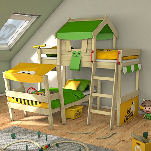 WICKEY Cama de matrimonio CrAzY Trunky Litera Cama infantil 90x200 para 2 niños en diseño oblicuo con somier de madera, verde manzana-amarillo