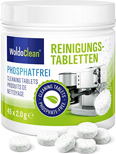 WoldoClean Pastillas de limpieza sin fosfatos para cafeteras automáticas, cafeteras, Jura, Delonghi, Bosch, Siemens Seaco 45x