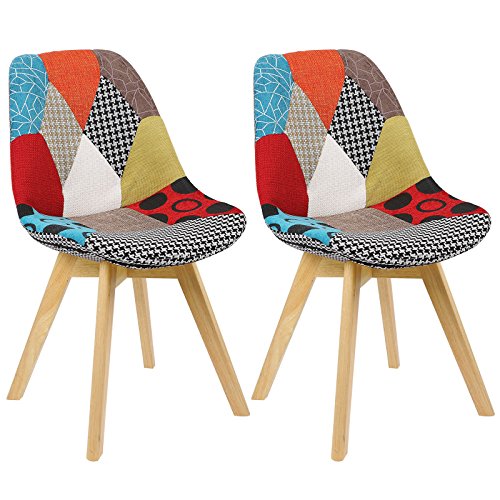 WOLTU Silla Patchwork Silla de Comedor Nórdica Pata de Madera Maciza con Respaldo Pack de 2 Silla Multicolor Silla de Cocina Silla Colores