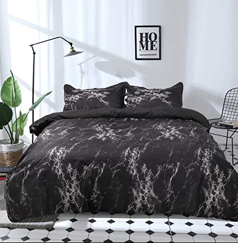 WONGS BEDDING Funda de edredón de mármol Negro Conjunto de Microfibra Suave Reversible Funda de edredón de Cama de mármol Negro Moderno con Cierre de Cremallera 3 Piezas 200x200cm