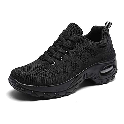 WOWEI Zapatillas Deportivas de Mujer Ligero Respirable Running Sneakers Mesh Plataforma Mocasines Zapatos de Cuña,Negro,37 EU