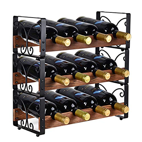 X-cosrack Botellero rústico apilable de 3 niveles Soporte para organizador de 12 botellas independiente Estante de almacenamiento de licor de encimera Madera maciza y hierro 16.5 "L x 7.0" W x 16.5 "H