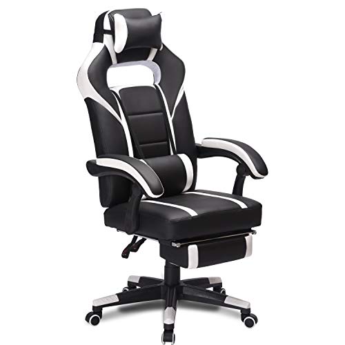 XPELKYS Silla Gaming Sillón Reclinable con Reposapiés Retráctil, Silla de Escritorio omputadora Oficina ergonómica, Inclinación y Altura y reposabrazos Ajustable.(Blanco/Negro)