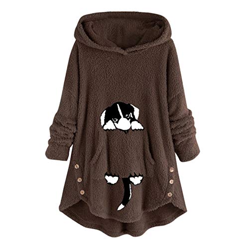 YANFANG Sudadera con Capucha para Mujer Abrigo Chaqueta Caliente y Esponjoso Flannel Tipo Manta Mujeres Fleece Bordado Oreja de Gato Tallas grandesBolsillo Superior Suéter Blusa