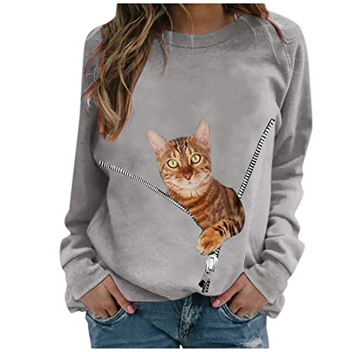 YANFANG Sudadera sin Capucha suéter Jersey Moda Mujer Suelta Cuello Redondo Animal Encantador Gato Impreso Blusa Tops pulóver a la Moda Sweatshirt Invierno Verde Rojo