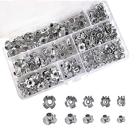 Yemmen 120PZ Tuerca de 4 Puntas M3 M4 M5 M6 M8 Tuerca en T Cuatro Puntas T-Nut de 4 Puntas Tuerca de 4 Dientes para Fijación de Muebles de Madera Insertos Ciego Tuerca Galvanizado con Caja de Plástico