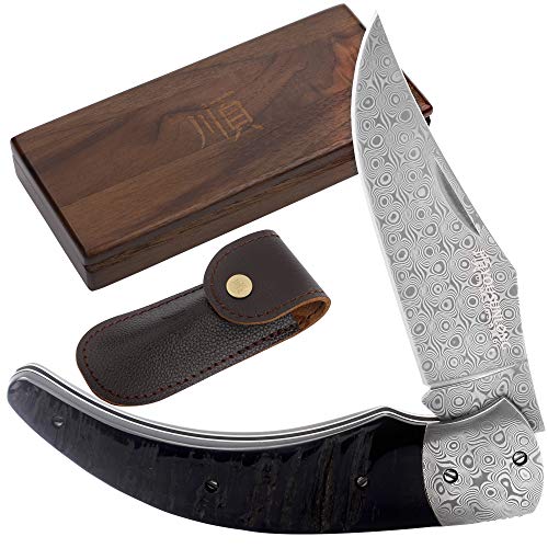 YOUSUNLONG Navaja de bolsillo plegable de acero de Damasco total 205 mm Mango de cuerno de búfalo negro natural con funda de cuero y caja de madera para cuchillos