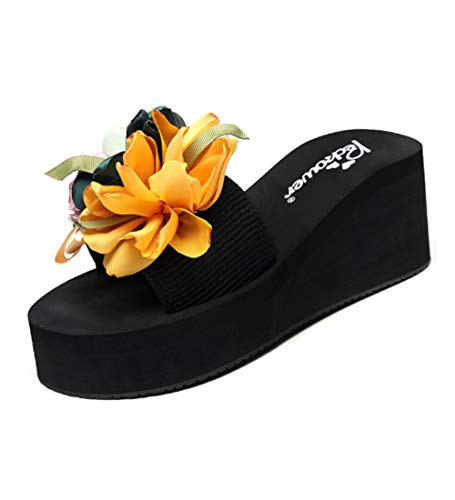 ZY&FC Zapatillas De Mujer De Fondo Grueso Bizcocho Tacón De Cuña Antideslizante Ropa Exterior De Tacón Alto Señoras Zapatillas De Playa-39_6 Cm Arrastre Plano Yema Amarilla