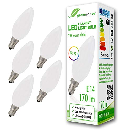 5x Bombilla de filamento LED greenandco® IRC 90+ E14 opaca 2W (corresponde a 18W) 170lm 2700K (blanco cálido) 360° 230V AC vidrio, sin parpadeo, no regulable