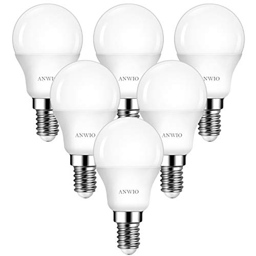 6 Unidades 4.5W Bombillas LED E14 (Casquillo Fino) P45, Lámpara 6500K Blanco Frío, Luz Fría con Rosca Fina, Bombilla LED Golf 470 Lúmenes - ANWIO.