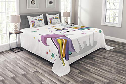 ABAKUHAUS Gato Unicornio Cubrecama, Animal Mágico con Helado Moño Estrellas y Arcoiris Niños Imaginación Ficción, No se Desliza de la Cama, 170 x 220 cm, Multicolor