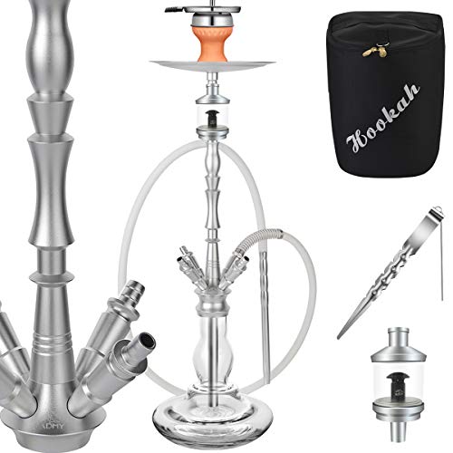 ADMY Hookah - Juego de shisha de 85 cm de aluminio | Pipa de agua completo con 4 conexiones de acero inoxidable, cabezal de arcilla, manguera de silicona, boquilla de aluminio (plateada)