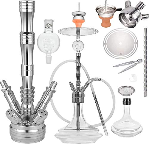 ADMY® - Shisha Grande de Acero Inoxidable Plateado, Juego Completo para Chimenea con 4 Conexiones, Adaptador de Cabeza, Manguera de Silicona, Boquilla de Aluminio