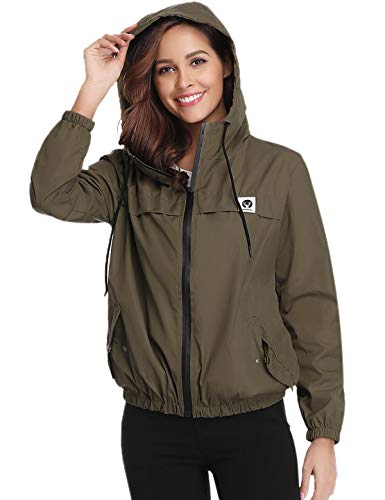 Aibrou Chubasquero Impermeable Deportivo para Mujer,Abrigo Impermeables con Capucha,Chuvasqueros de Lluvia Chaqueta Cortavientos Running  para Primavera, (Ejercito Verde, XL)