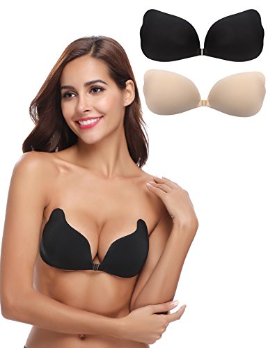 Aibrou Sujetador Adhesivo Invisible Push Up Reutilizable,Bra Invisible Sexy Ajustable con Gel Adhesivo para Vestido y Boda (E, Negro+Beige)