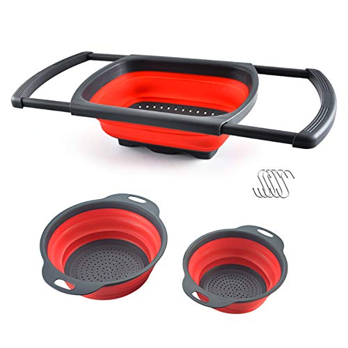 Aischens 3pcs Colador Plegable Silicona, Coladores Cocina, con asas extensibles, Perfecto Para Drenar Pasta, Verduras, Frutas (Rojo)